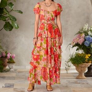 Farm Rio Blooming Floral Ruffle Tiered Layered Slit Maxi Dress Red Orange Sz SM